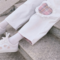 Japanese Soft Girl Cute White Heart Plaid Embroidery White Pink High Waist Wide Legs Trousers Pants - Thumbnail 7