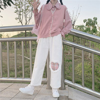 Japanese Soft Girl Cute White Heart Plaid Embroidery White Pink High Waist Wide Legs Trousers Pants - Thumbnail 5