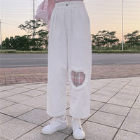 Japanese Soft Girl Cute White Heart Plaid Embroidery White Pink High Waist Wide Legs Trousers Pants - Thumbnail 4