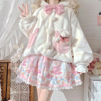 Cute fluffly rabbit bunny ears plush thick warm winter white & pink coats jackets