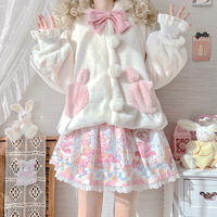 Cute Fluffly Rabbit Bunny Ears Plush Thick Warm Winter White & Pink Coats Jackets - Thumbnail 1