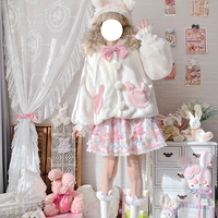 Cute Fluffly Rabbit Bunny Ears Plush Thick Warm Winter White & Pink Coats Jackets - Thumbnail 3