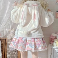 Cute Fluffly Rabbit Bunny Ears Plush Thick Warm Winter White & Pink Coats Jackets - Thumbnail 2
