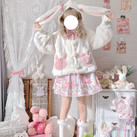 Cute Fluffly Rabbit Bunny Ears Plush Thick Warm Winter White & Pink Coats Jackets - Thumbnail 9