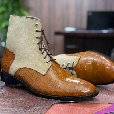 Handmade ankle high leather & suede boot, alligator skin texture cow leather lace up boot  - Thumbnail 2