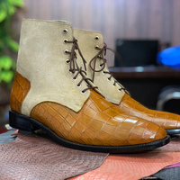 Handmade Ankle High Leather & Suede Boot, Alligator skin Texture Cow Leather Lace Up Boot  - Thumbnail 1