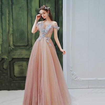 Pink tulle long prom dress a-line evening dress - Thumbnail 2