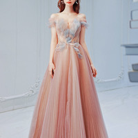 Pink tulle long prom dress A-line evening dress - Thumbnail 2