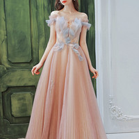 Pink tulle long prom dress A-line evening dress - Thumbnail 3