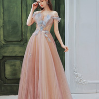 Pink tulle long prom dress A-line evening dress - Thumbnail 8