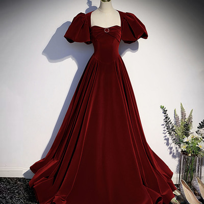 Burgundy velvet long prom dress evening dress - Thumbnail 1