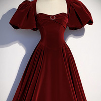 Burgundy Velvet Long Prom Dress Evening Dress - Thumbnail 1