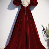 Burgundy Velvet Long Prom Dress Evening Dress - Thumbnail 4