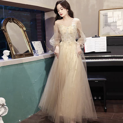 Champagne tulle lace long prom dress a-line evening dress - Thumbnail 1