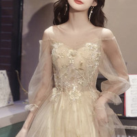 Champagne tulle lace long prom dress A-line evening dress - Thumbnail 1