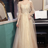 Champagne tulle lace long prom dress A-line evening dress - Thumbnail 2