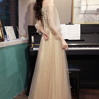 Champagne tulle lace long prom dress A-line evening dress - Thumbnail 3