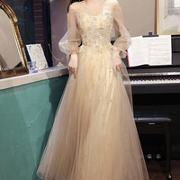 Champagne tulle lace long prom dress A-line evening dress - Thumbnail 4