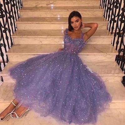 Spaghetti straps a-line lace prom dress with tea length - Thumbnail 2