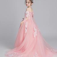Off the Shoulder Princess Floral Pink Flower Girls Dress - Thumbnail 1