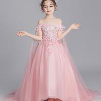 Off the Shoulder Princess Floral Pink Flower Girls Dress - Thumbnail 2