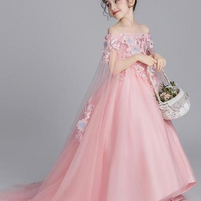 Off the shoulder princess floral pink flower girls dress