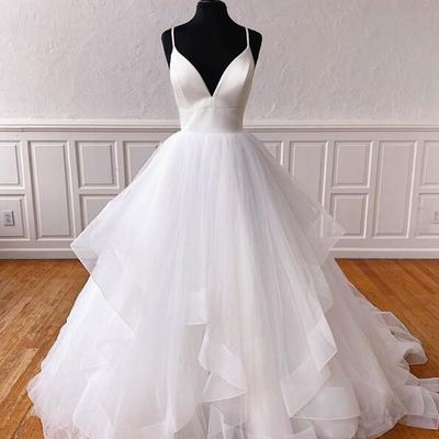 Princess white v neck tulle long prom dress