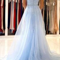 Mermaid Straps Blue lace long prom dress - Thumbnail 1