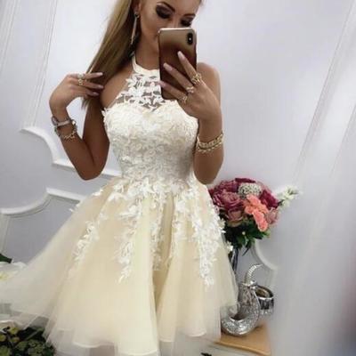 Sexy champagne tulle short prom dress with lace  - Thumbnail 4