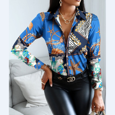 Elegant long sleeve printed blue single breasted shirt top