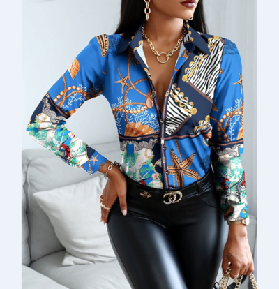 Elegant Long Sleeve Printed Blue Single Breasted Shirt Top