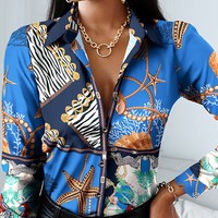 Elegant Long Sleeve Printed Blue Single Breasted Shirt Top - Thumbnail 2