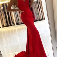 Red mermaid v neck lace long prom dress evening dressRed mermaid v neck lace long prom dress evening dress,902 - Thumbnail 2