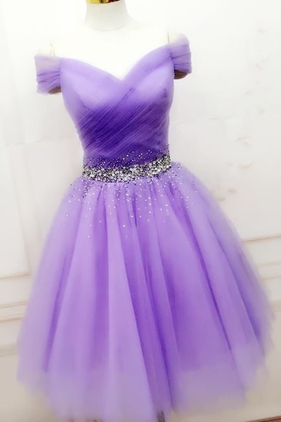 Elegant Purple Beaded Off Shoulder Homecoming Dress,Tulle Short Prom Dresses,Bridesmaid Dress,903