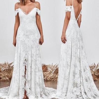 Marvelous a-line spaghetti straps lace boho wedding dresses with slit,904
