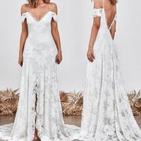 Marvelous A-Line Spaghetti Straps Lace Boho Wedding Dresses with Slit,904 - Thumbnail 2