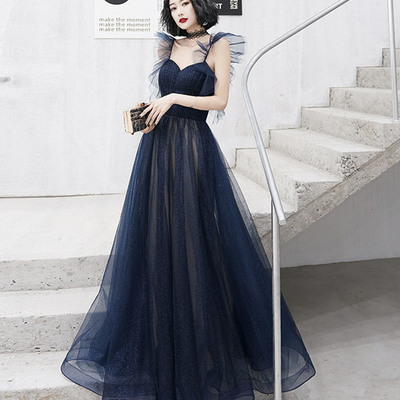 Blue tulle long prom dress a-line evening dress - Thumbnail 1