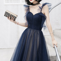 Blue tulle long prom dress A-line evening dress - Thumbnail 1