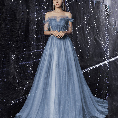 Blue tulle sequins long prom dress blue evening dress - Thumbnail 1