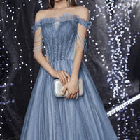 Blue tulle sequins long prom dress blue evening dress - Thumbnail 1