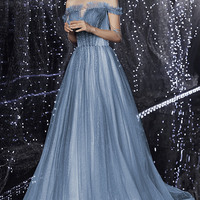 Blue tulle sequins long prom dress blue evening dress - Thumbnail 2