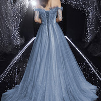 Blue tulle sequins long prom dress blue evening dress - Thumbnail 3