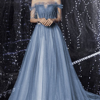 Blue tulle sequins long prom dress blue evening dress - Thumbnail 4