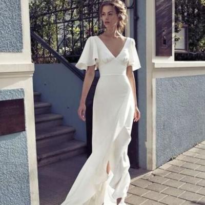 A line half sleeve evening dress v neck ivory prom dress - Thumbnail 3