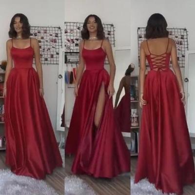 A line dark red prom party dress with split - Thumbnail 3