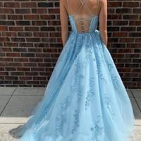 A line straps blue lace prom dress evening dress - Thumbnail 1