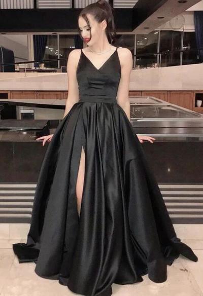 A Line Black V Neck satin long prom dress