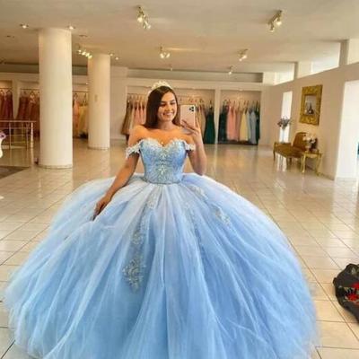 Off shoulder stunning prom dresses blue lace appliques tulle ball gowns wedding dress  - Thumbnail 4
