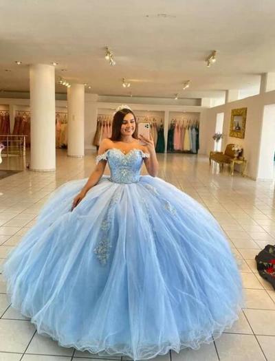 Off Shoulder Stunning Prom Dresses Blue Lace Appliques Tulle Ball Gowns Wedding Dress 
