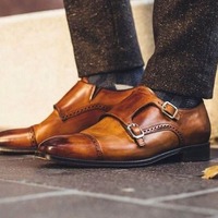 Decent Wear Men's Attractive Brown Double Monk Strap Shoes, Leather Wedding Shoes For Men - Thumbnail 1
